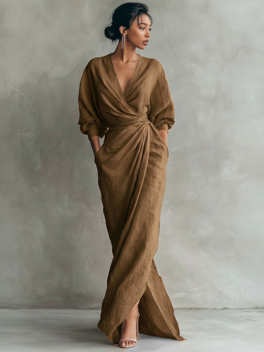 Anneliese | Rosa Leinen Maxi Kleid V-Hals