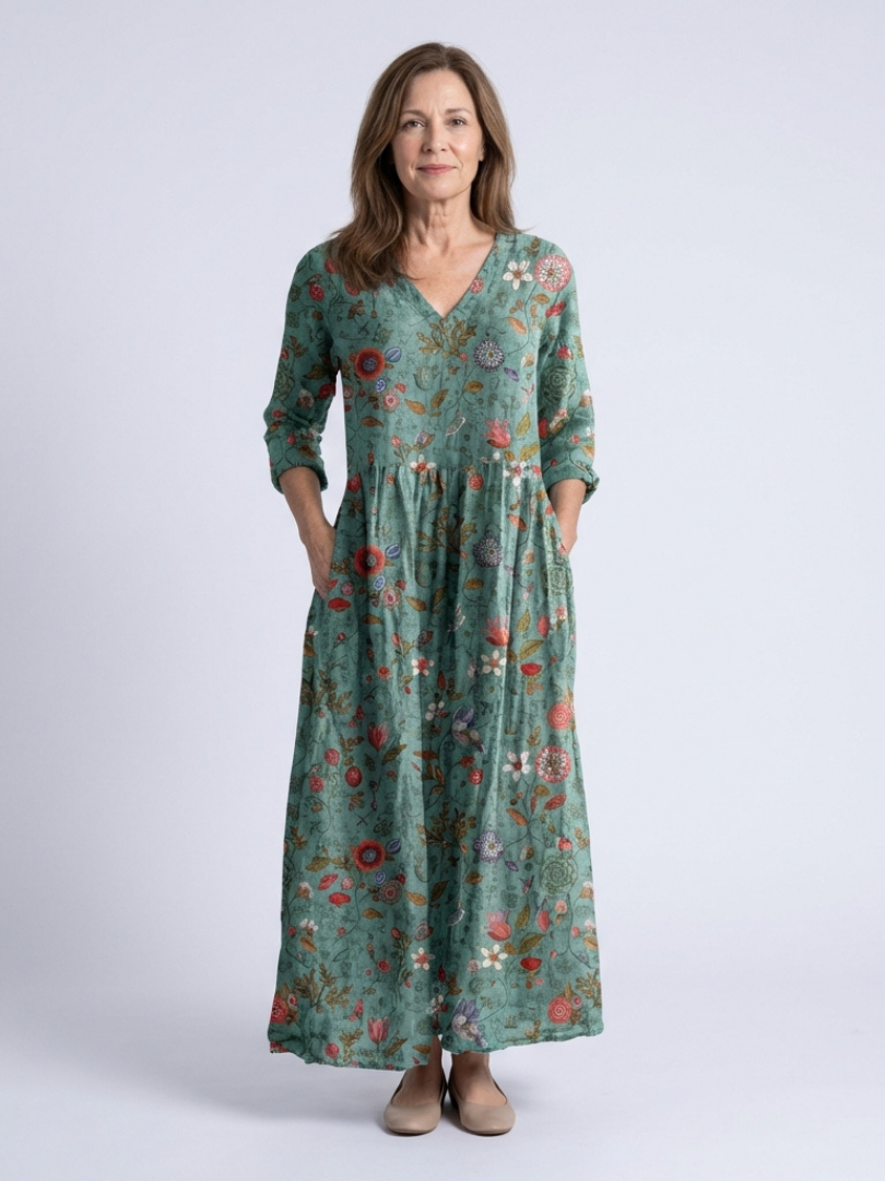 Marina | Florales V-Ausschnitt Maxikleid mit drei Viertelärmeln