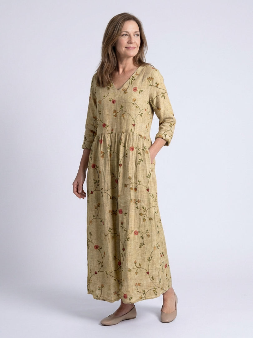 Marina | Florales V-Ausschnitt Maxikleid mit drei Viertelärmeln