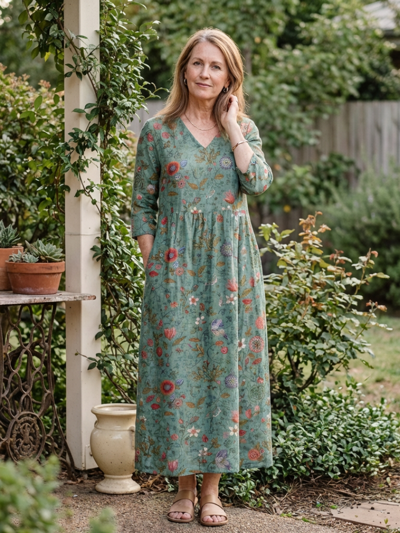 Marina | Florales V-Ausschnitt Maxikleid mit drei Viertelärmeln