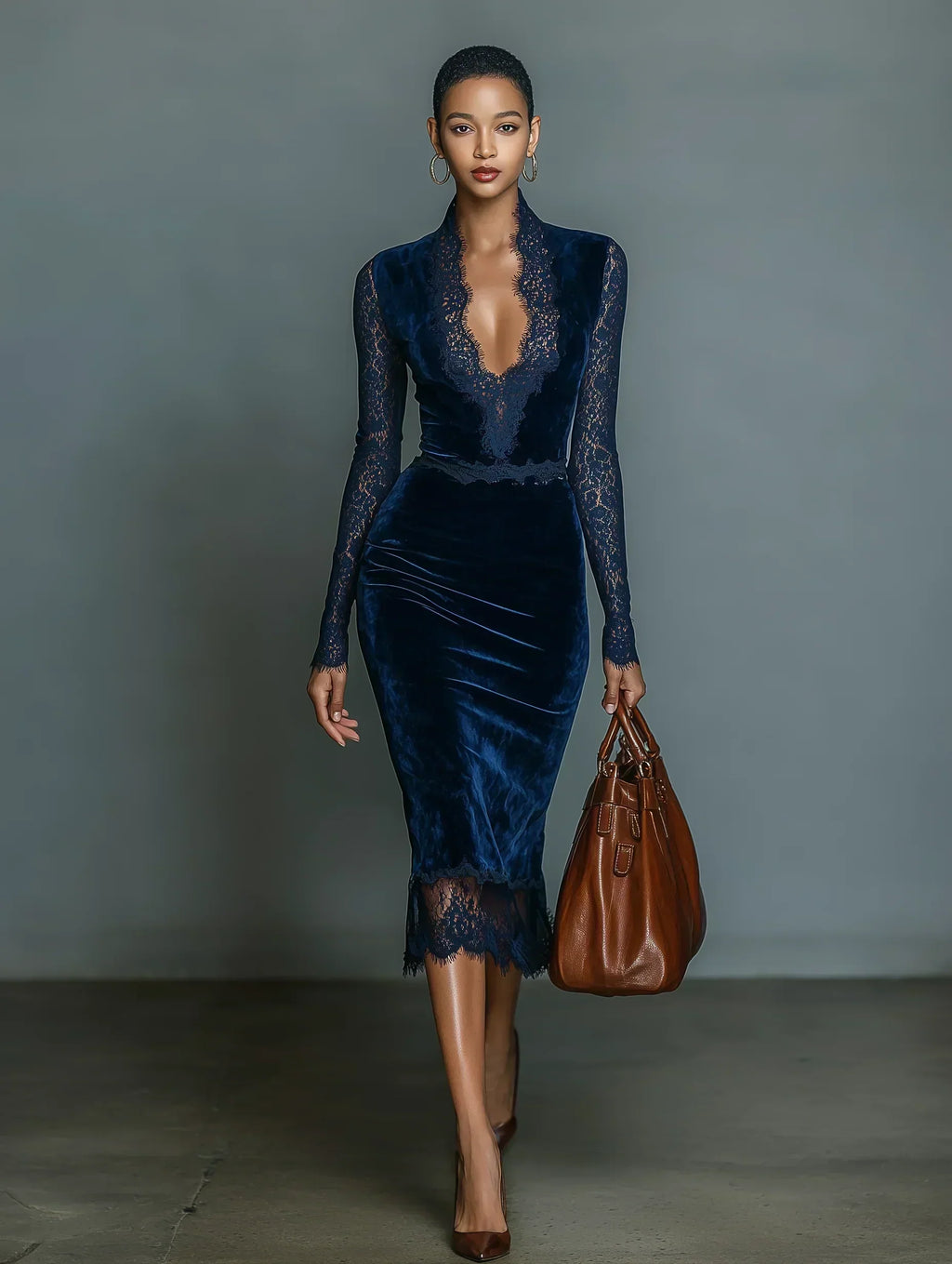 Johanna | Samt Midi Kleid V-Ausschnitt Spitz