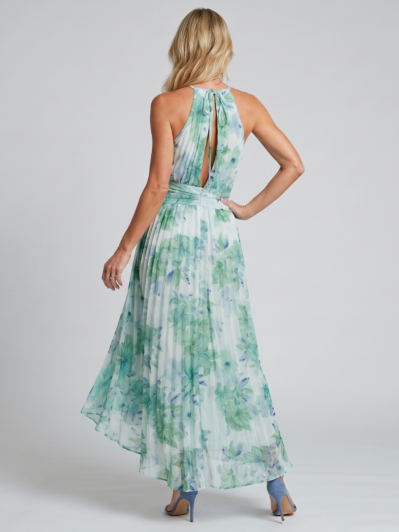 Portia | Plissiertes Halterkleid mit weichem Blumenmuster in Midi-Länge