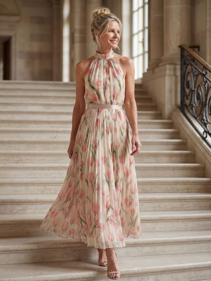 Aurelle | Halter Neck Floral Midi Kleid