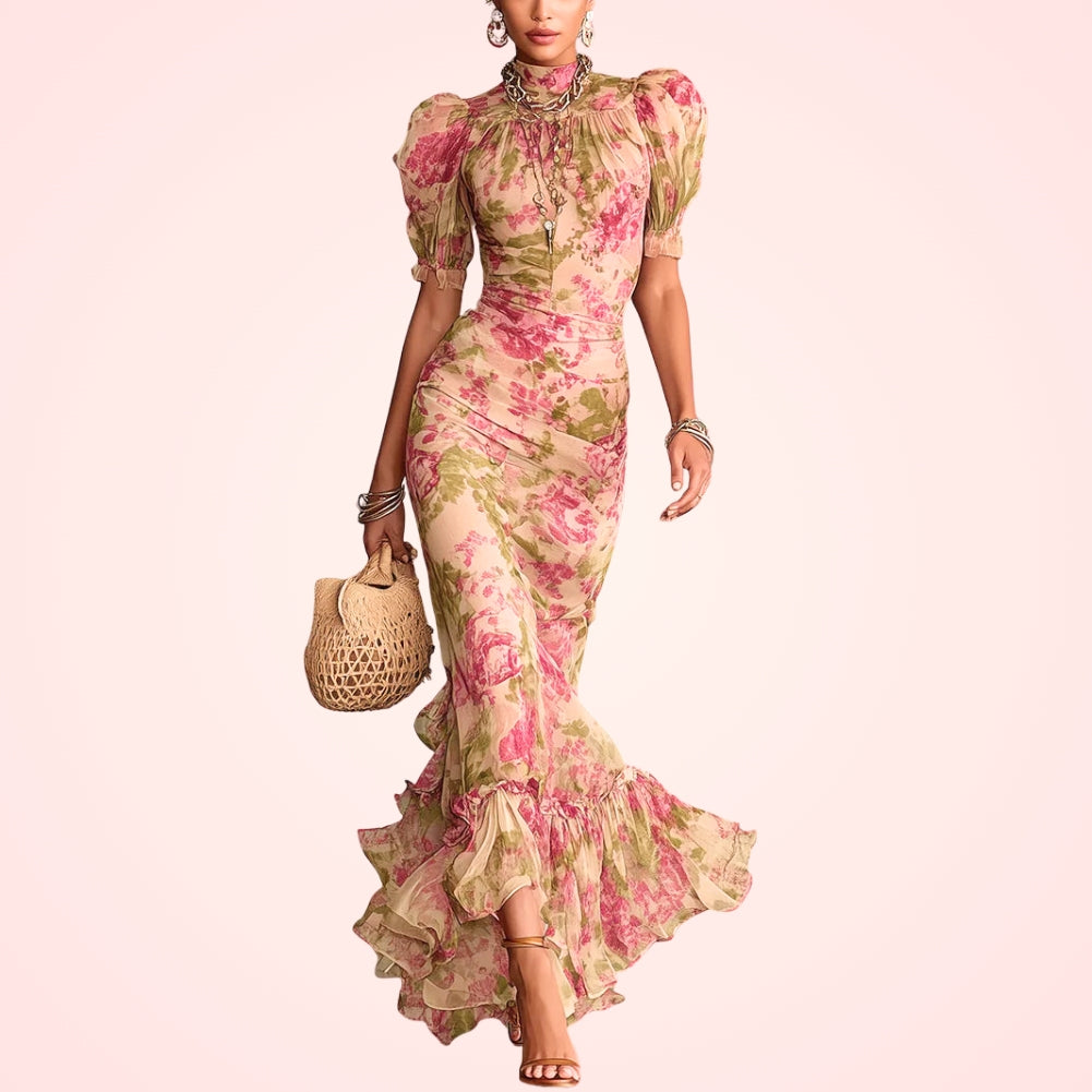 Fiora | Langes Kleid mit Vintage-Rosenmuster und Puffärmeln