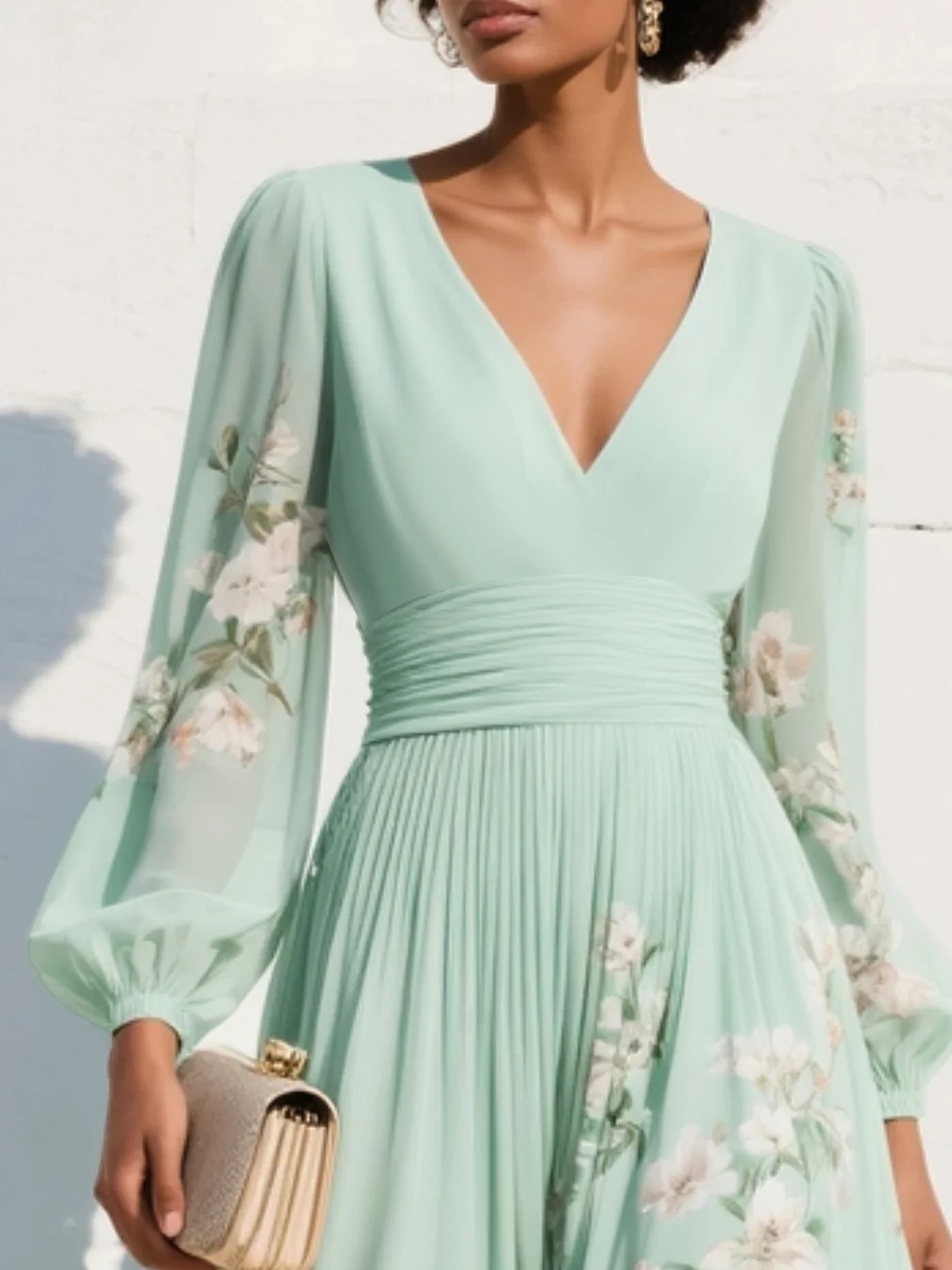 Florine | Luftiges Midi Kleid mit V-Ausschnitt und floralen Details