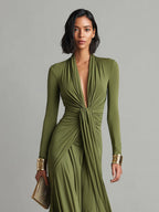 Mathilde | Oliv Seide Maxi Kleid V-Ausschnitt