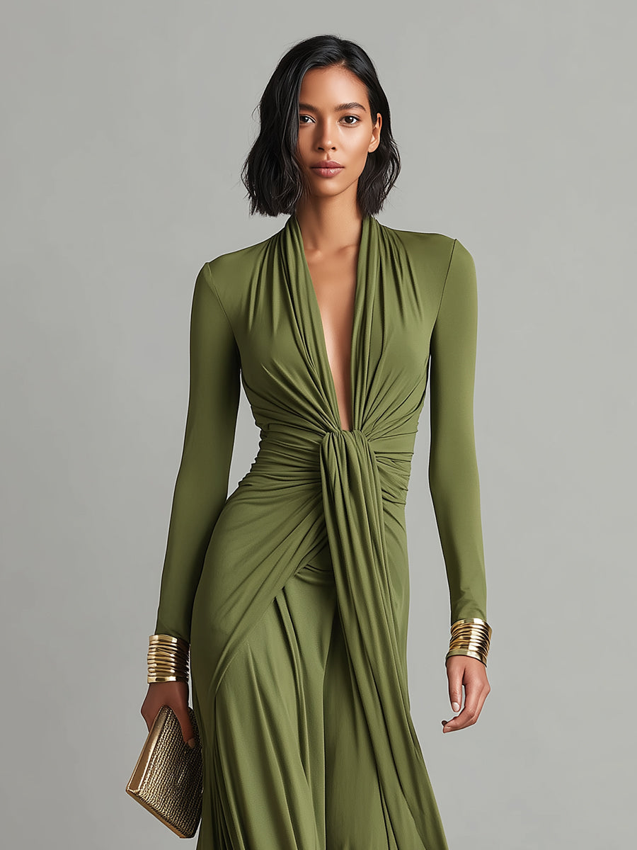 Mathilde | Oliv Seide Maxi Kleid V-Ausschnitt