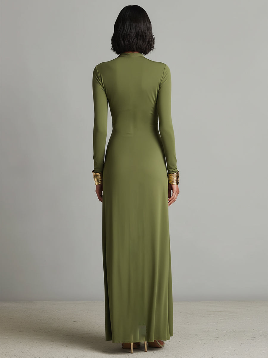 Mathilde | Oliv Seide Maxi Kleid V-Ausschnitt