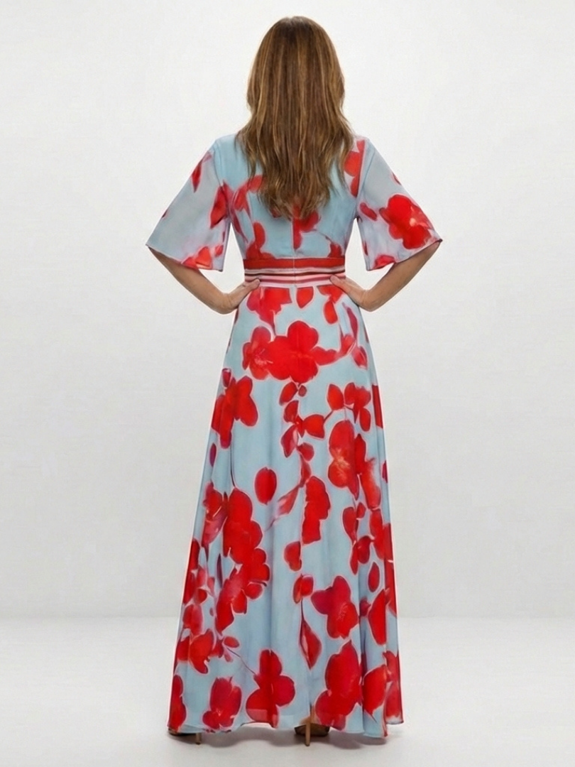 Corinne | V-Ausschnitt Kurzarm Blumenkleid