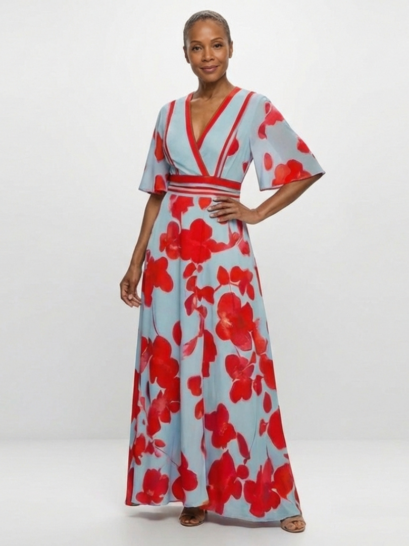 Corinne | V-Ausschnitt Kurzarm Blumenkleid