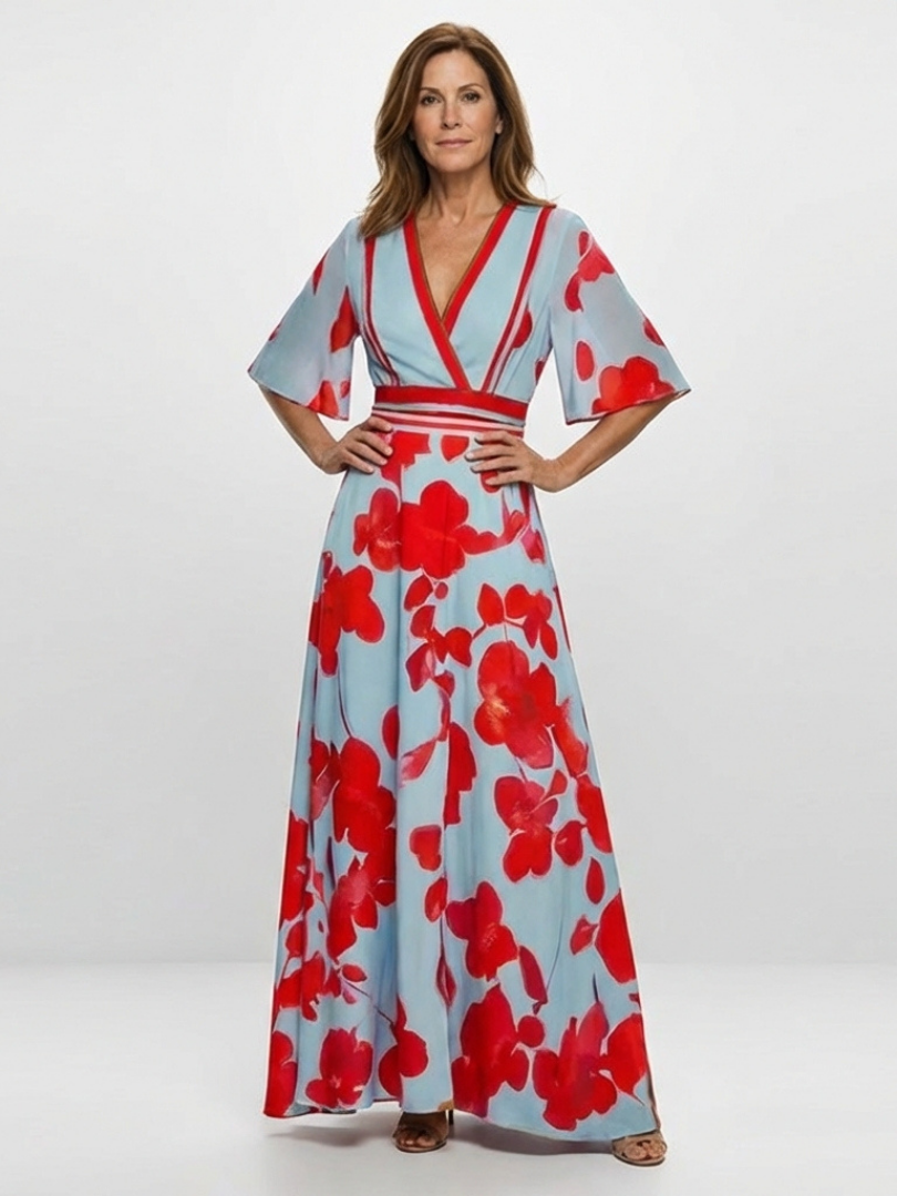Corinne | V-Ausschnitt Kurzarm Blumenkleid
