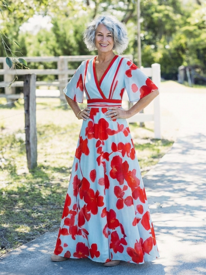 Corinne | V-Ausschnitt Kurzarm Blumenkleid