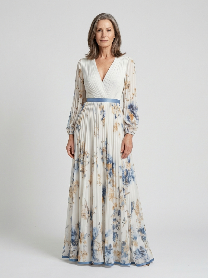Lavinia | Maxikleid mit langen Ärmeln und V-Ausschnitt im Blumenmuster