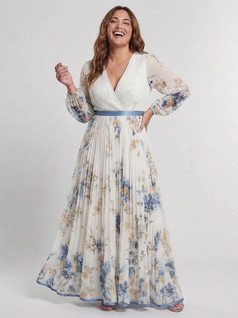 Lavinia | Maxikleid mit langen Ärmeln und V-Ausschnitt im Blumenmuster