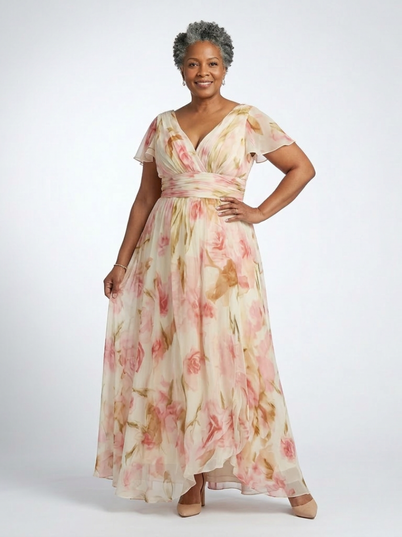 Elara | V-Ausschnitt Kurzarm Blumenkleid