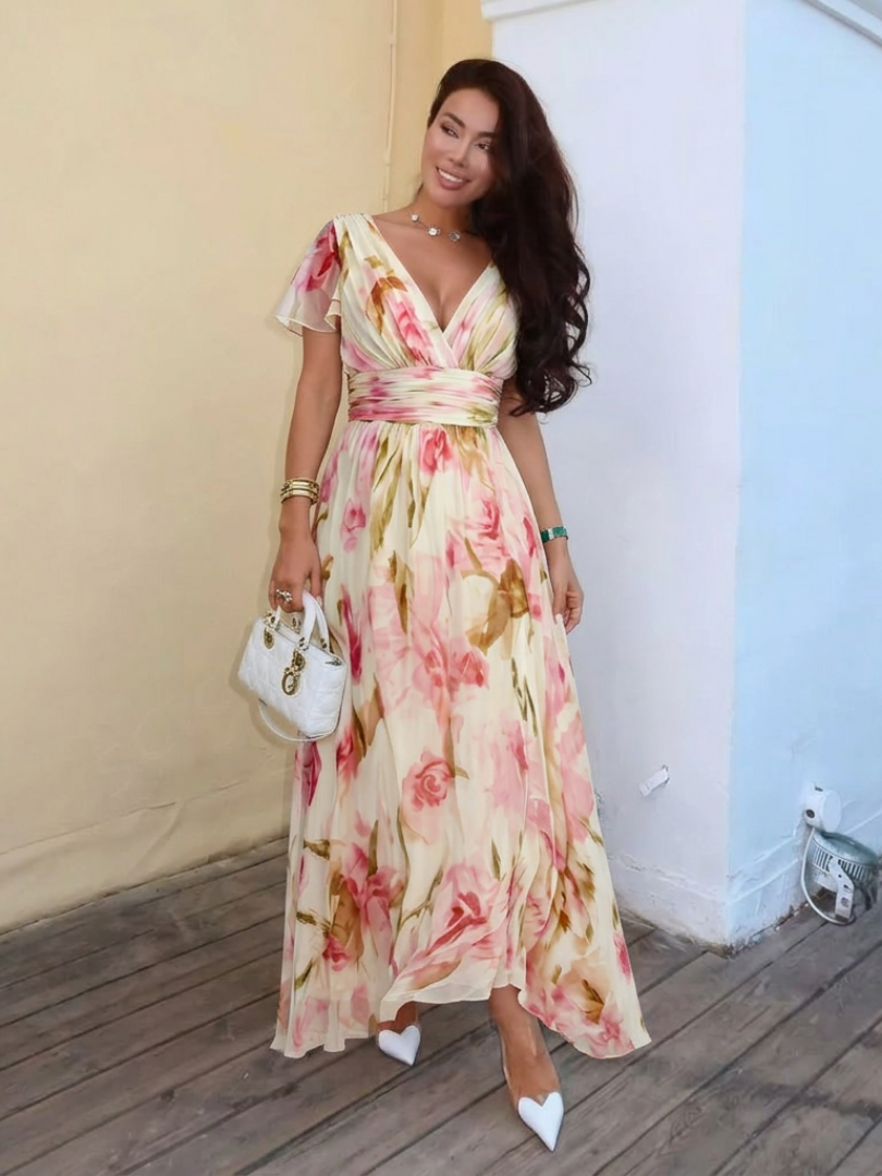 Elara | V-Ausschnitt Kurzarm Blumenkleid
