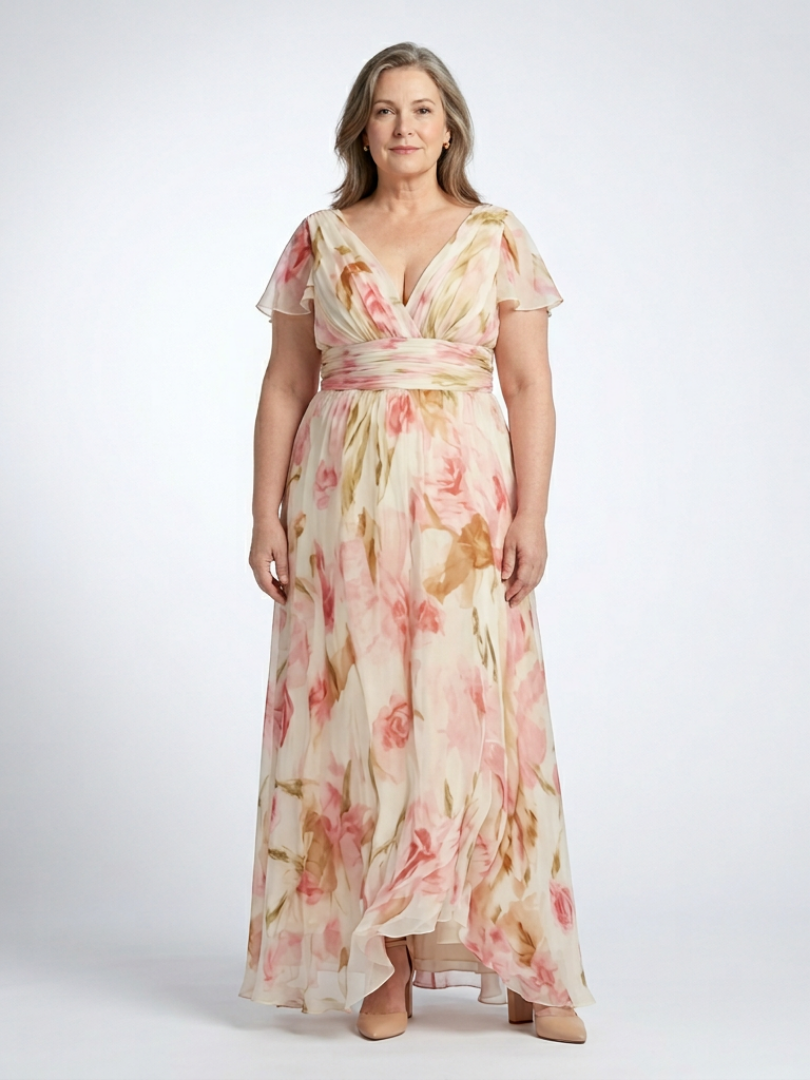 Elara | V-Ausschnitt Kurzarm Blumenkleid