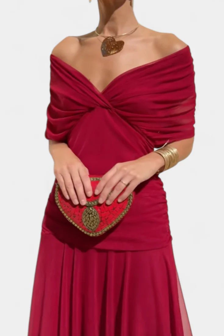 Lilo| Maxikleid mit V-Ausschnitt, Blumenstickerei und Falten