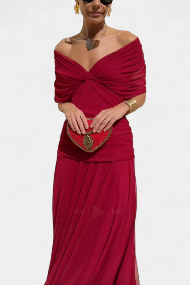 Lilo| Maxikleid mit V-Ausschnitt, Blumenstickerei und Falten
