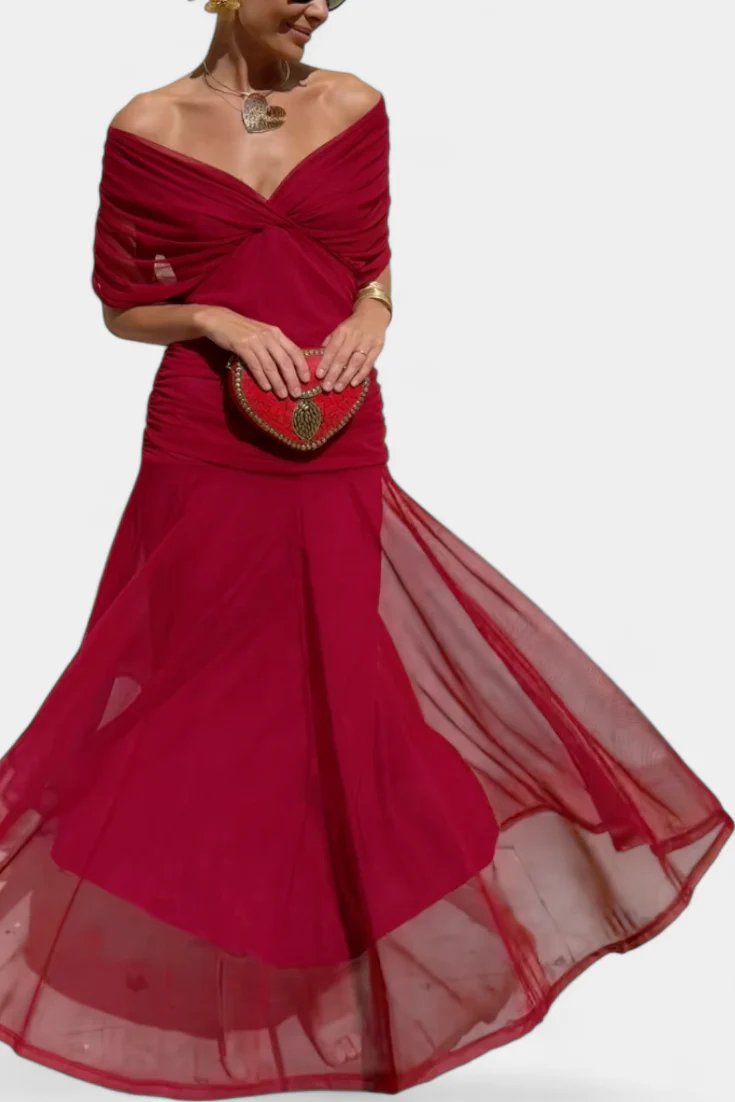 Lilo| Maxikleid mit V-Ausschnitt, Blumenstickerei und Falten