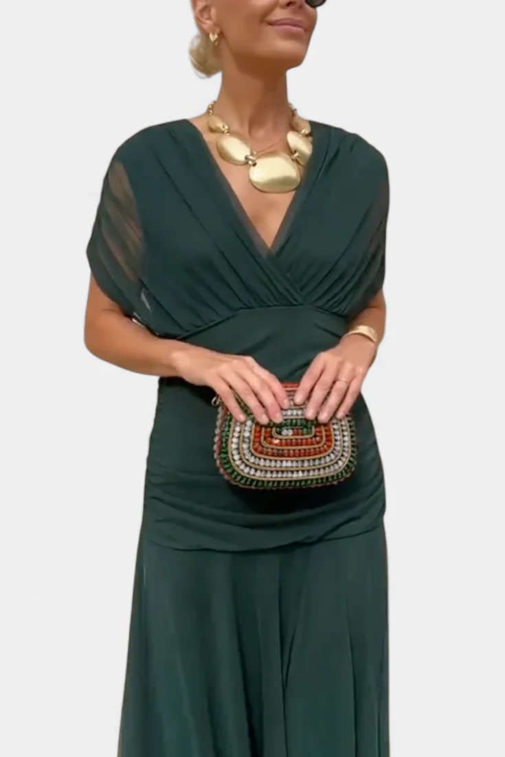 Lilo| Maxikleid mit V-Ausschnitt, Blumenstickerei und Falten