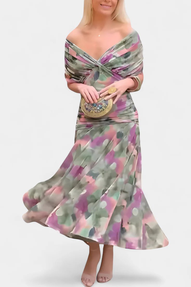 Lilo| Maxikleid mit V-Ausschnitt, Blumenstickerei und Falten