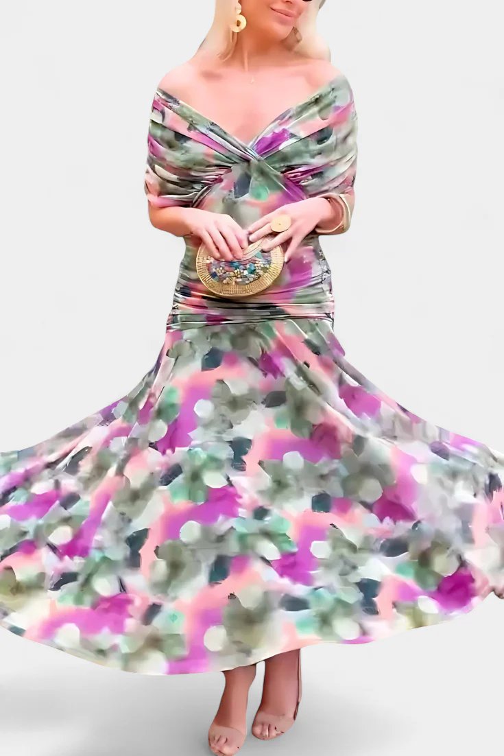 Lilo| Maxikleid mit V-Ausschnitt, Blumenstickerei und Falten