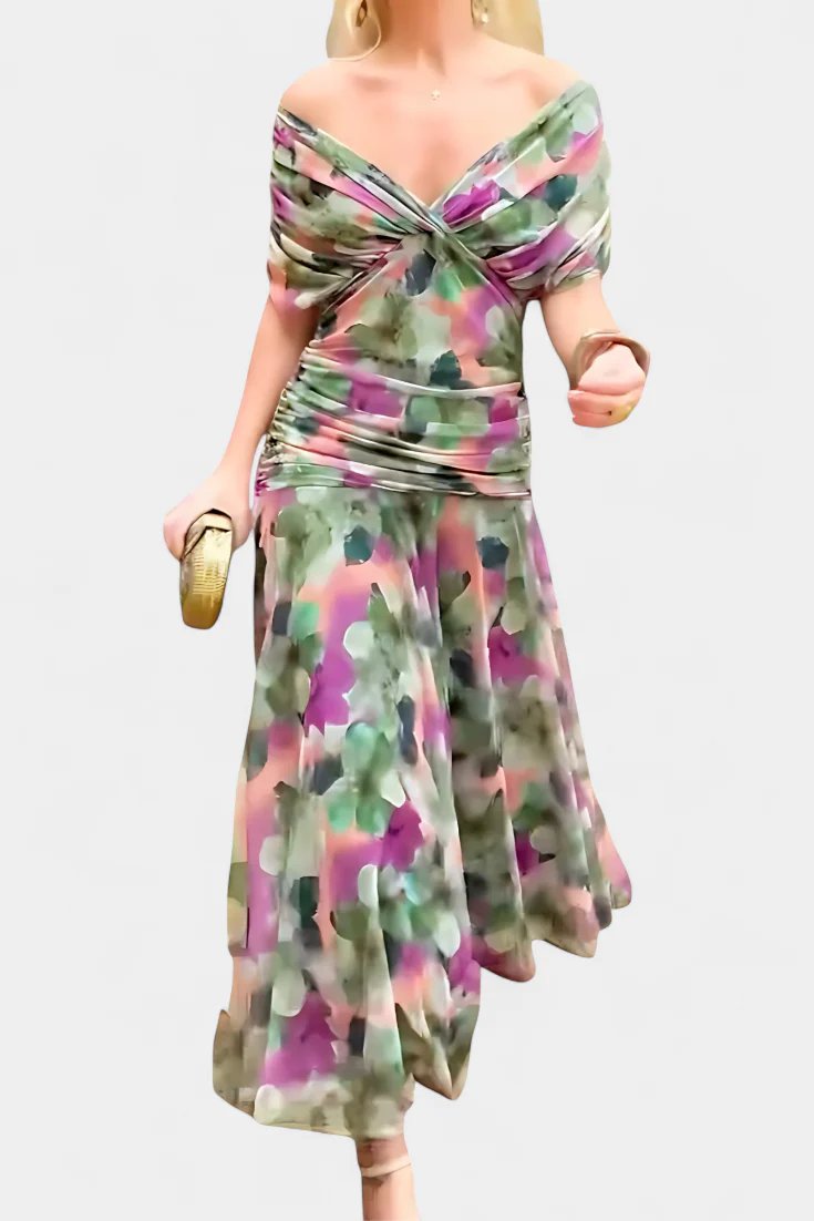 Lilo| Maxikleid mit V-Ausschnitt, Blumenstickerei und Falten