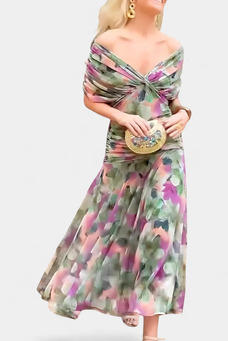 Lilo| Maxikleid mit V-Ausschnitt, Blumenstickerei und Falten