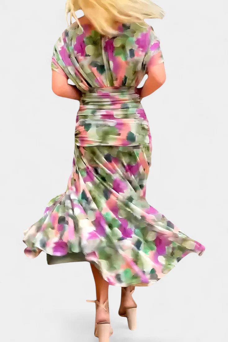Lilo| Maxikleid mit V-Ausschnitt, Blumenstickerei und Falten