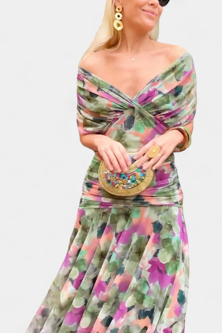 Lilo| Maxikleid mit V-Ausschnitt, Blumenstickerei und Falten
