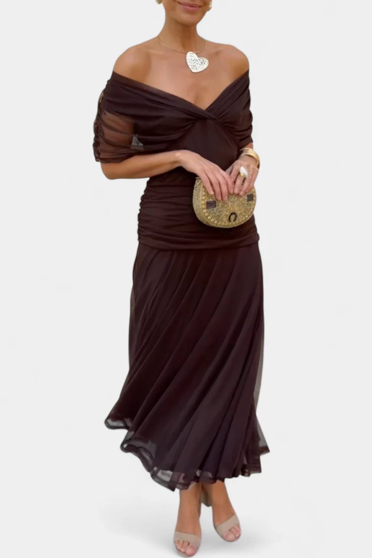 Lilo| Maxikleid mit V-Ausschnitt, Blumenstickerei und Falten