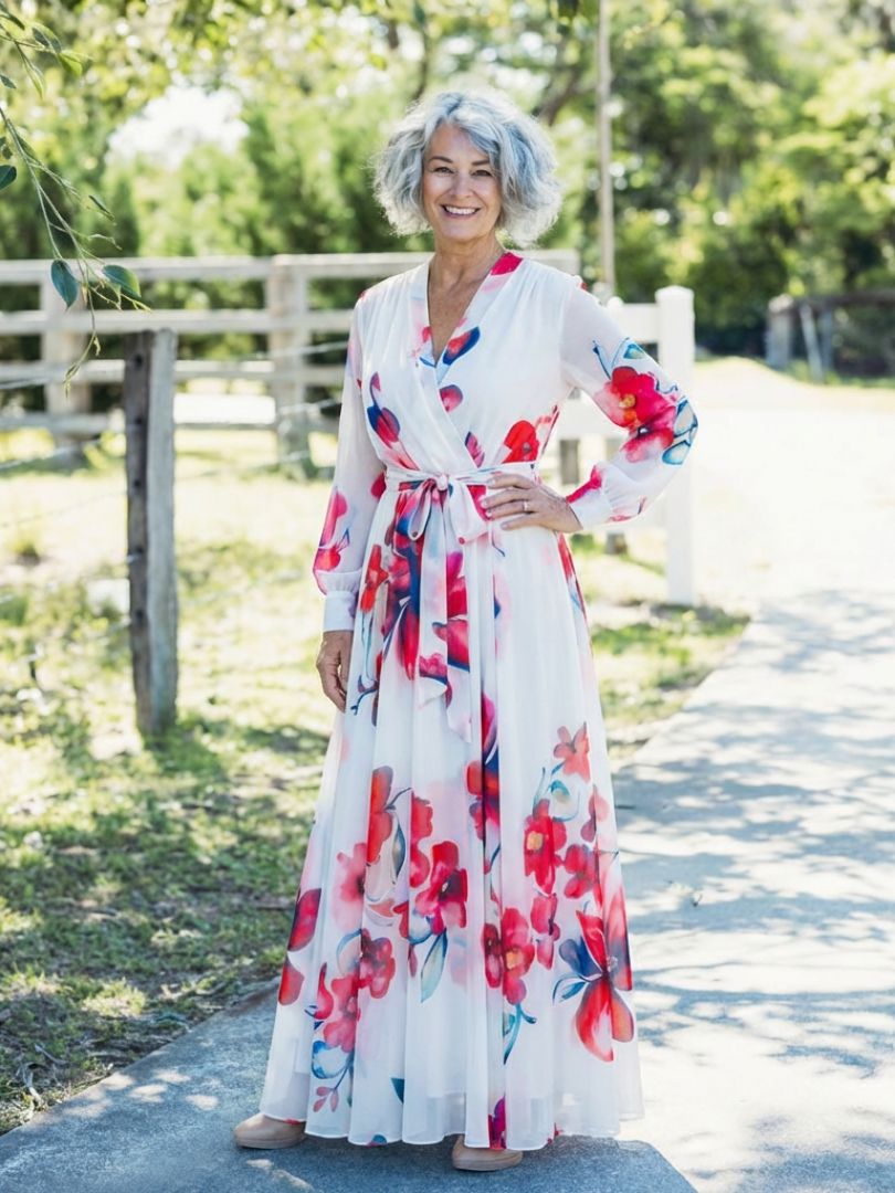 Lillian | Floral Langärmliges Wickel-Maxikleid