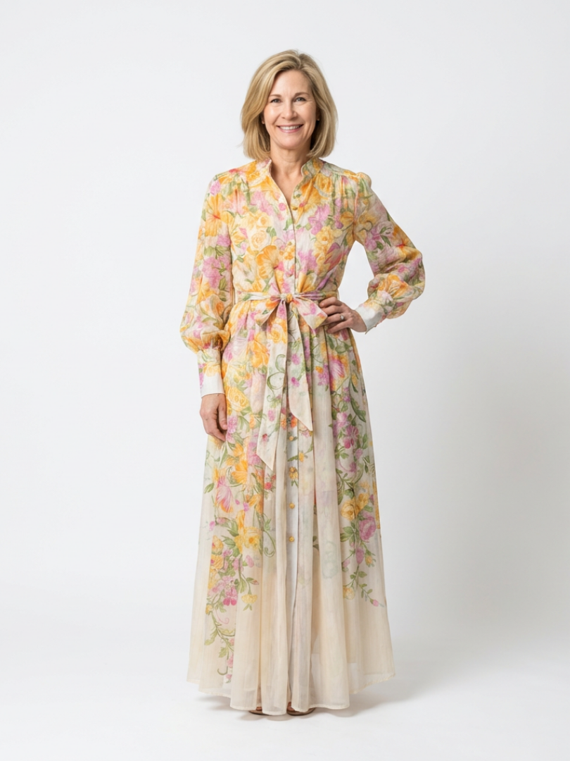 Cressida | Florales, transparentes Maxikleid mit langen Ärmeln