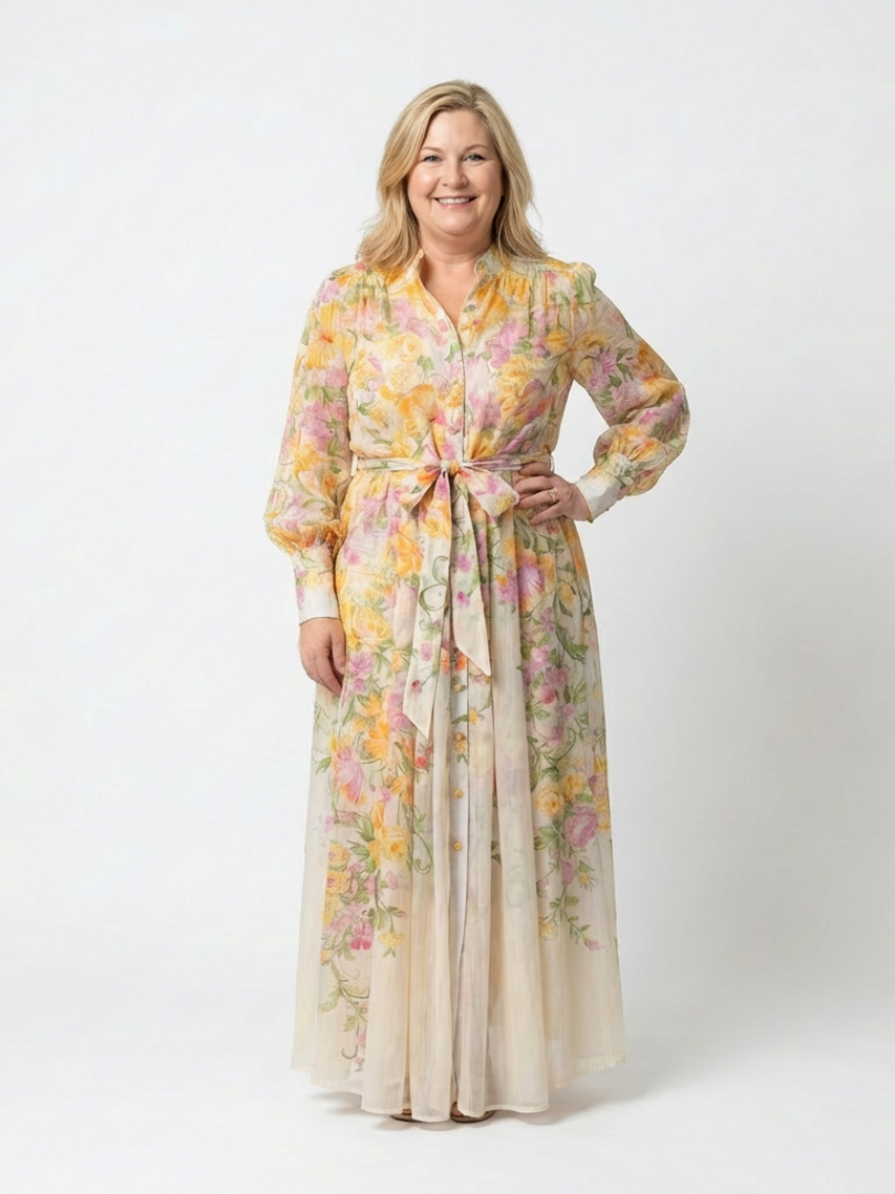 Cressida | Florales, transparentes Maxikleid mit langen Ärmeln