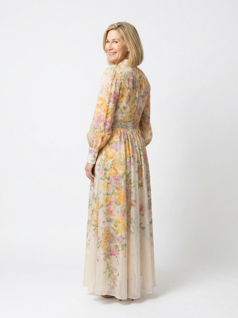 Cressida | Florales, transparentes Maxikleid mit langen Ärmeln
