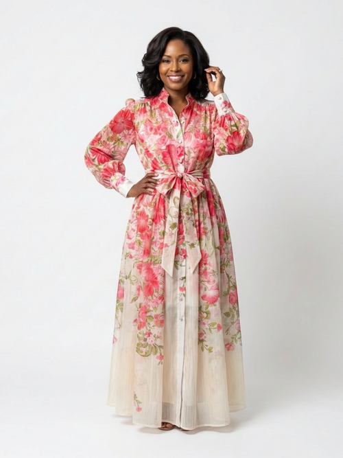 Cressida | Florales, transparentes Maxikleid mit langen Ärmeln