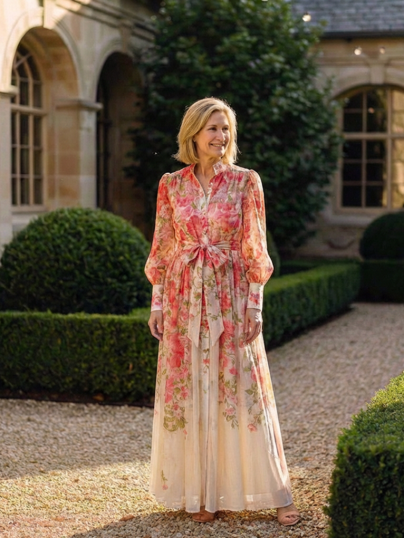 Cressida | Florales, transparentes Maxikleid mit langen Ärmeln